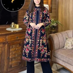 3 Pcs Women's Stitched Gown Suit in Embroidered Shamoz Silk
